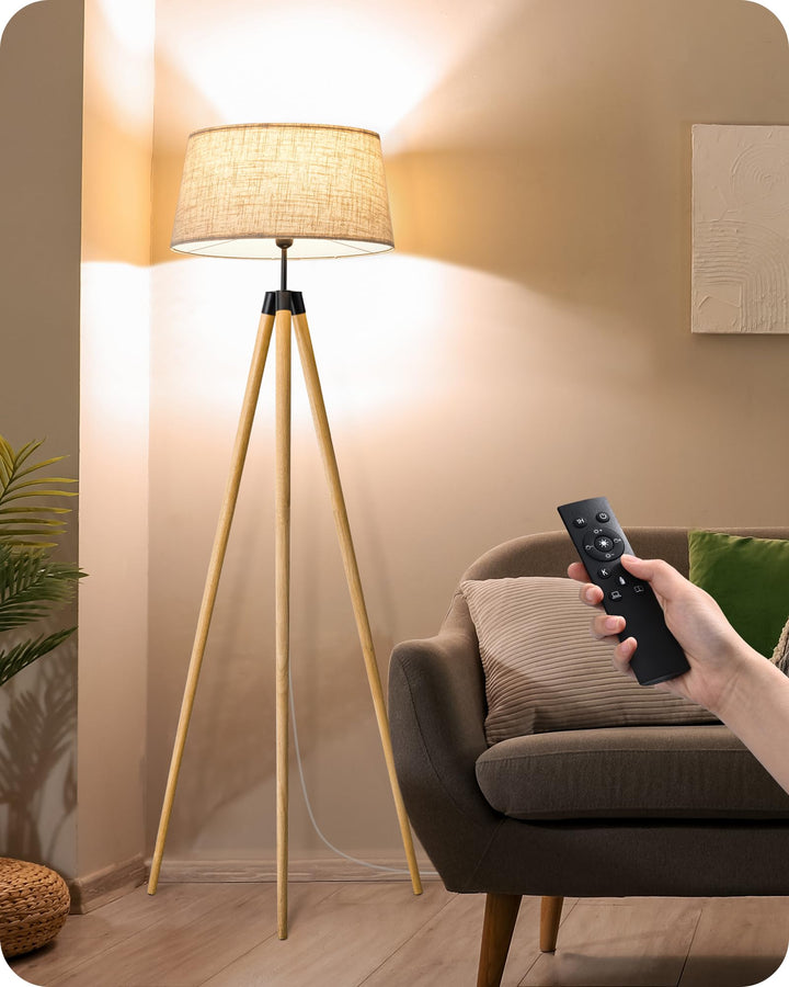 Stehlampe Boho Holzstativ dimmbar mit Leinenschirm &amp; Fernbedienung