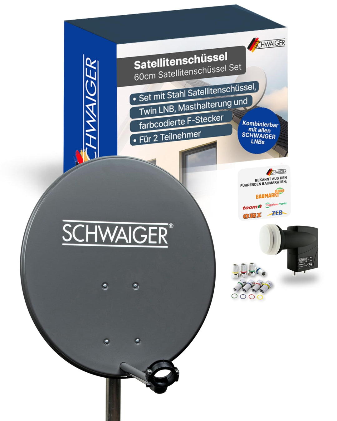 Satellitenschüssel Komplettset Stahl Ø 60 cm anthrazit für 2 Receiver