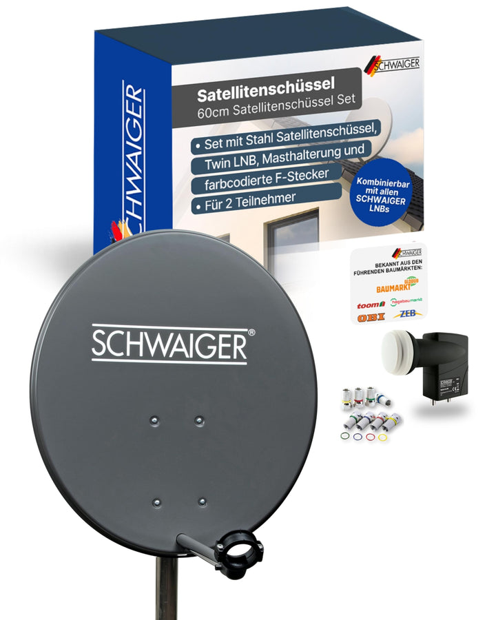 Satellitenschüssel Komplettset Stahl Ø 60 cm anthrazit für 2 Receiver