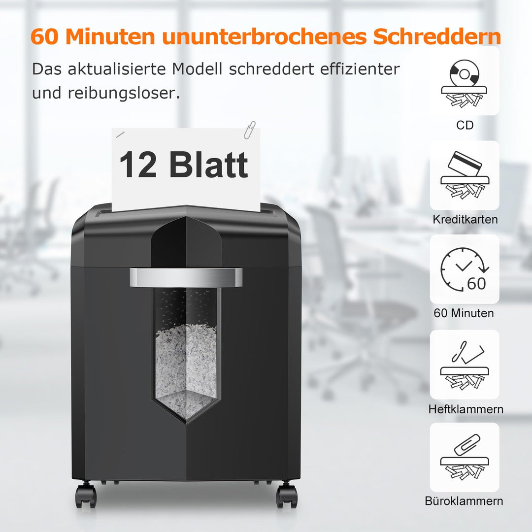 Aktenvernichter Partikelschnitt 12 Blatt 60 Min. Dauerlauf Büro