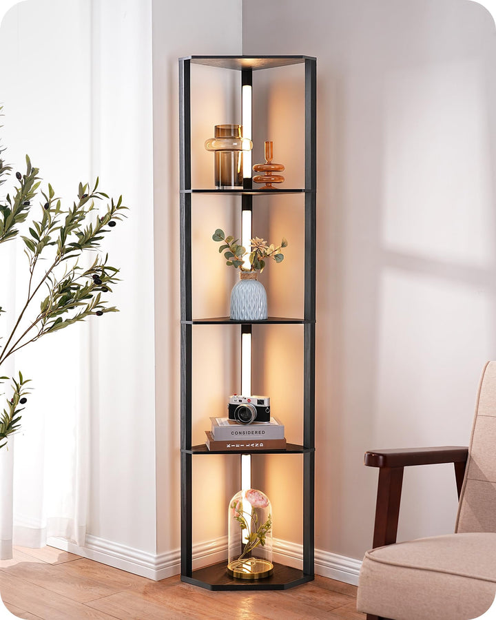 Stehlampe mit Regal LED dimmbar 3-in-1 Schwarz Holzmaserung