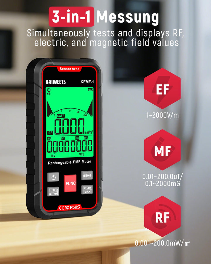 EMF-Messgerät 3-in-1 EF/MF/RF mit LCD-Display und USB-C Akku - Bild 2