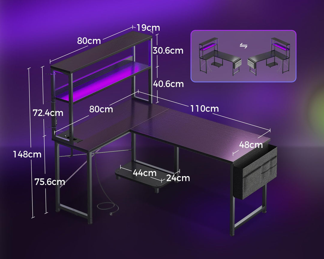 Gaming Tisch L-Form mit RGB-LED und Regal 110×80 cm Schwarz - Bild 3
