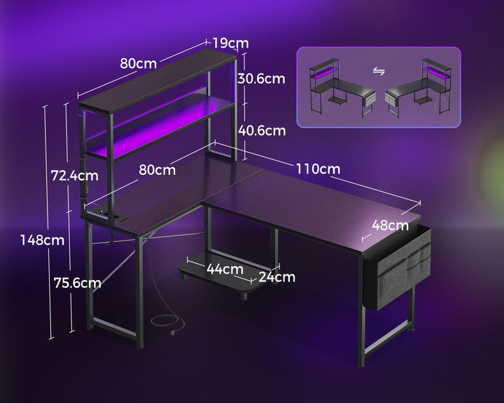 Gaming Tisch L-Form mit RGB-LED und Regal 110×80 cm Schwarz - Bild 3