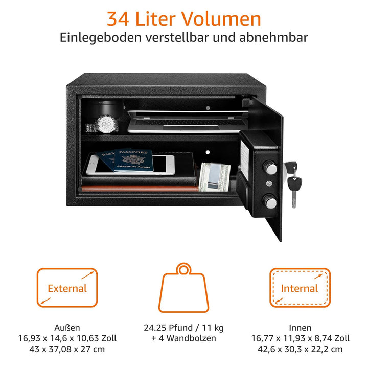 Stahltresor 34 l mit Digitalcode und Notfallschlüssel, Schwarz - Bild 3