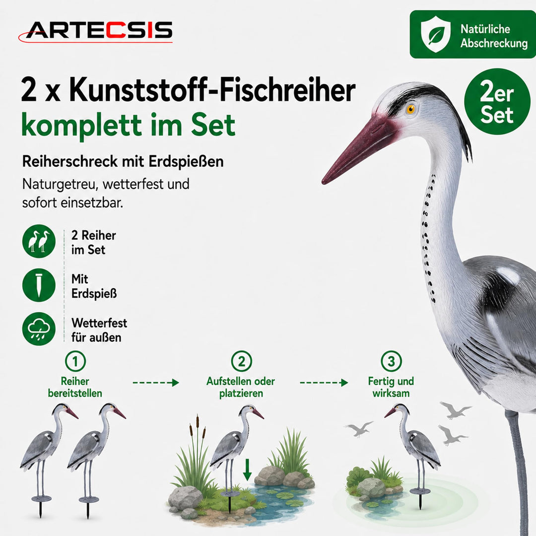 Fischreiher Attrappe 70 cm Kunststoff mit Erdspieß 2er-Set Teichschutz - Bild 5