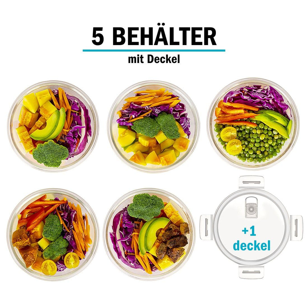 Meal-Prep-Boxen Borosilikatglas rund 950ml 5er-Set mit Ersatzdeckel - Bild 2