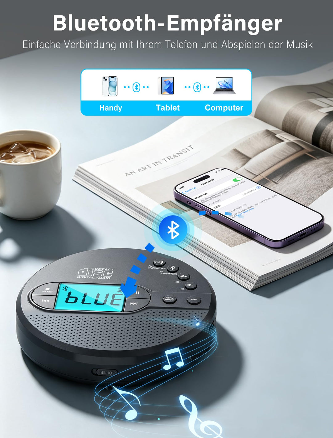Tragbarer CD-Player mit Bluetooth, FM-Transmitter und LCD-Display - Bild 8