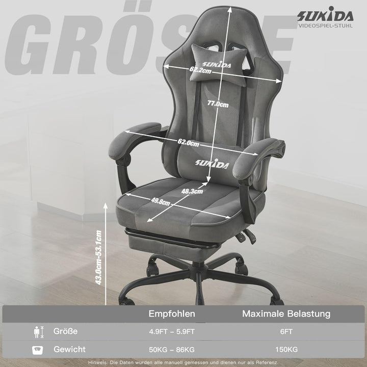 Gaming Stuhl Stoff mit Fussstütze, Lordosenstütze, bis 150 kg - Bild 2