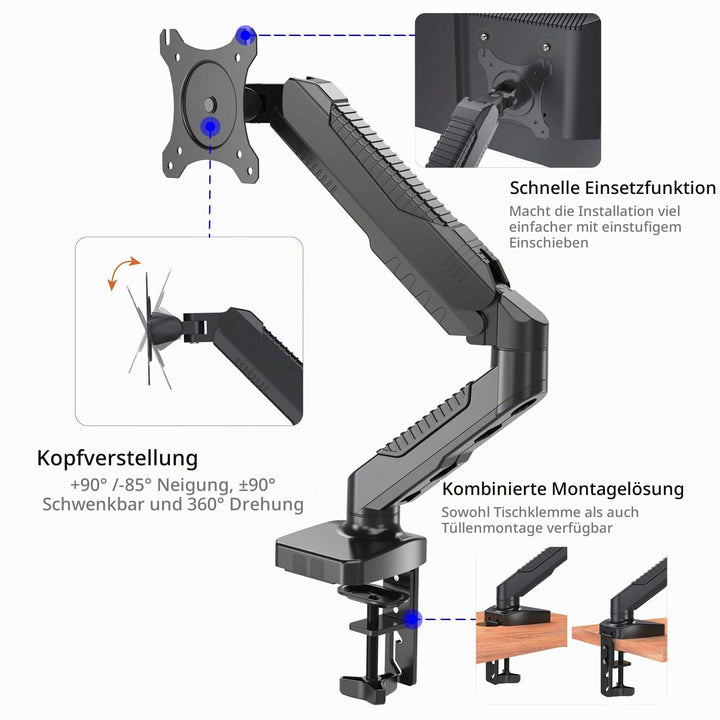 Monitor Arm Tischhalterung 15–34 Zoll VESA 75/100 schwarz schwenkbar - Bild 6