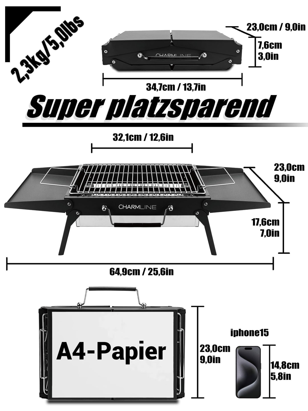 Holzkohlegrill klappbar 35x23 cm für Camping Balkon Picknick - Bild 2