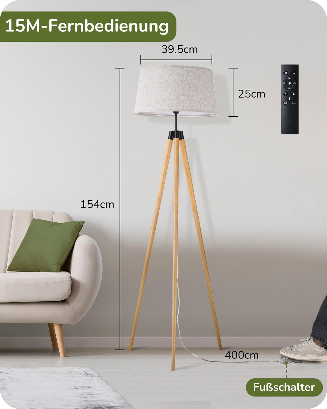 Stehlampe Boho Holzstativ dimmbar mit Leinenschirm &amp; Fernbedienung - Bild 4