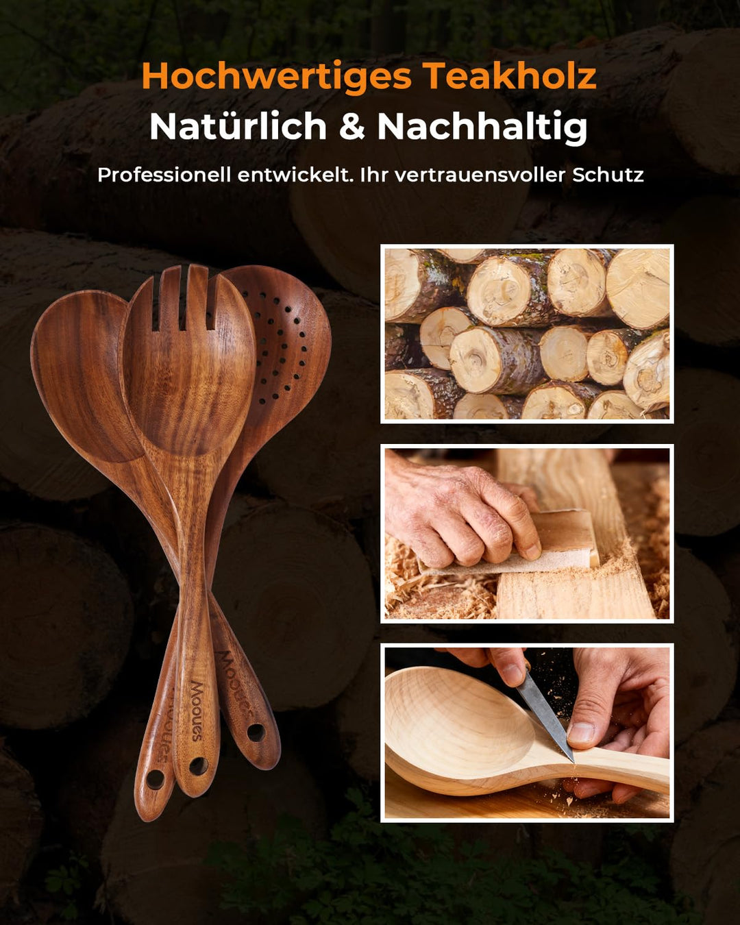 Küchenutensilien Set Teakholz 10-teilig mit Kelle und Wender - Bild 2