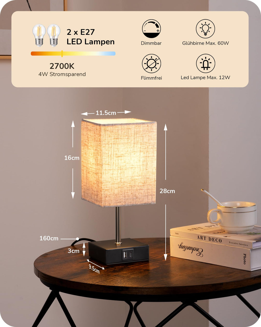 Nachttischlampe Touch-Dimmer 2er Set mit USB-A und USB-C Schwarz - Bild 4