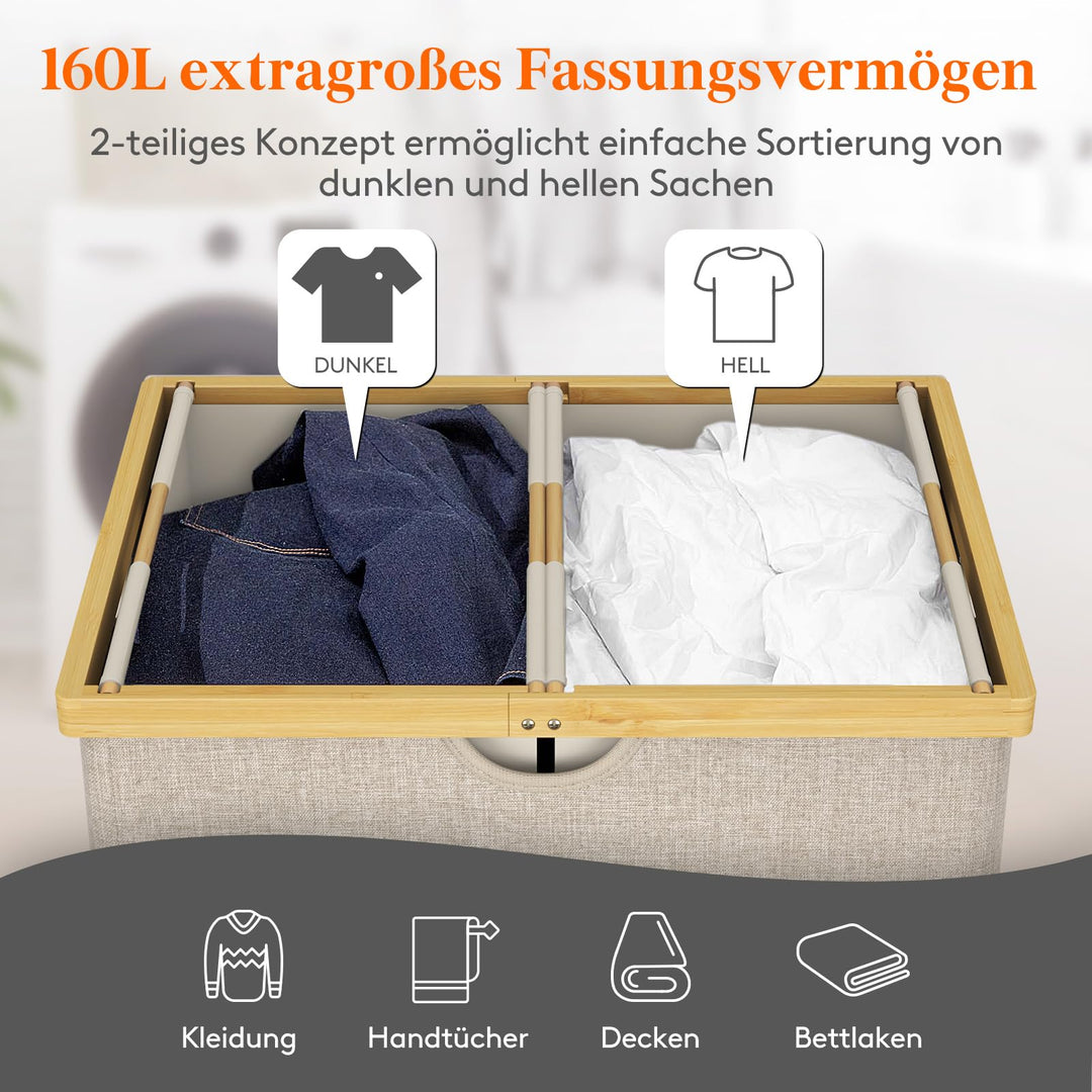 Wäschekorb Bambus 160L mit 2 Fächern und Deckel, Beige - Bild 2