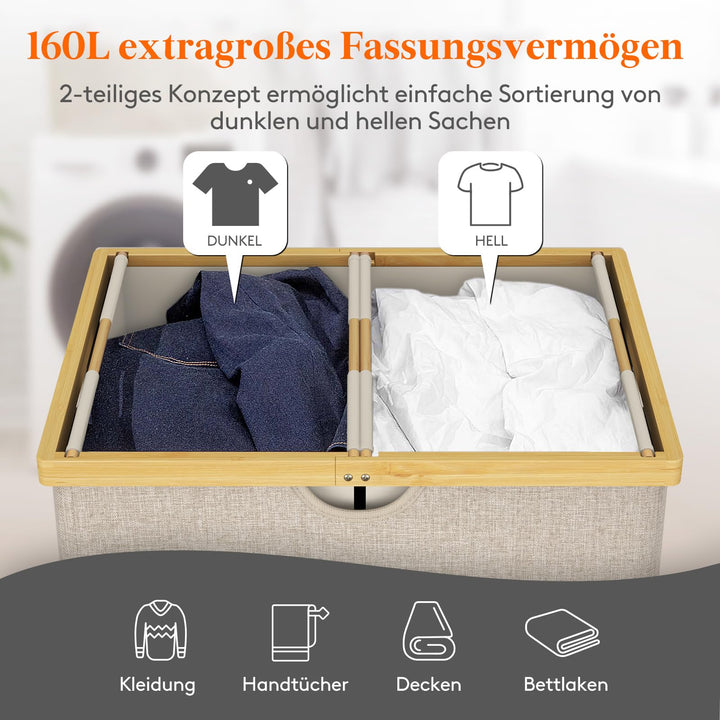 Wäschekorb Bambus 160L mit 2 Fächern und Deckel, Beige - Bild 2