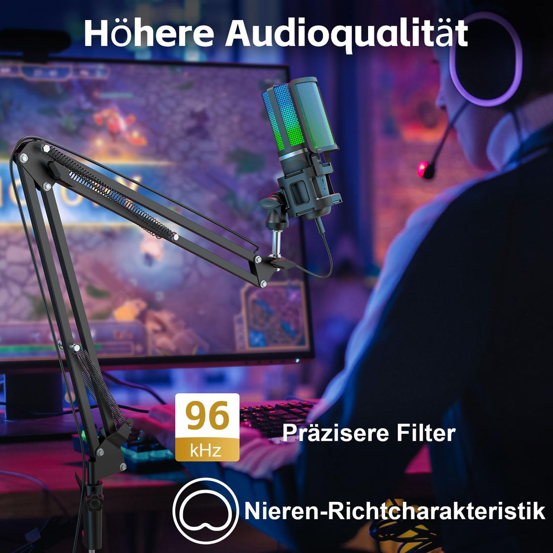 USB-Kondensatormikrofon Set mit Schwenkarm, Stativ &amp; RGB für Podcast - Bild 3