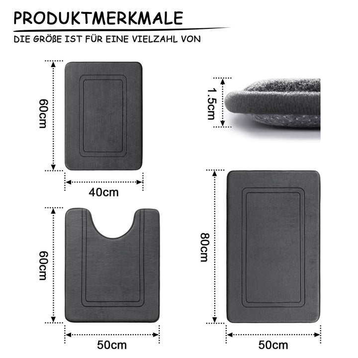 Badematte Set 3-teilig Dunkelgrau Memory-Schaum rutschfest - Bild 2