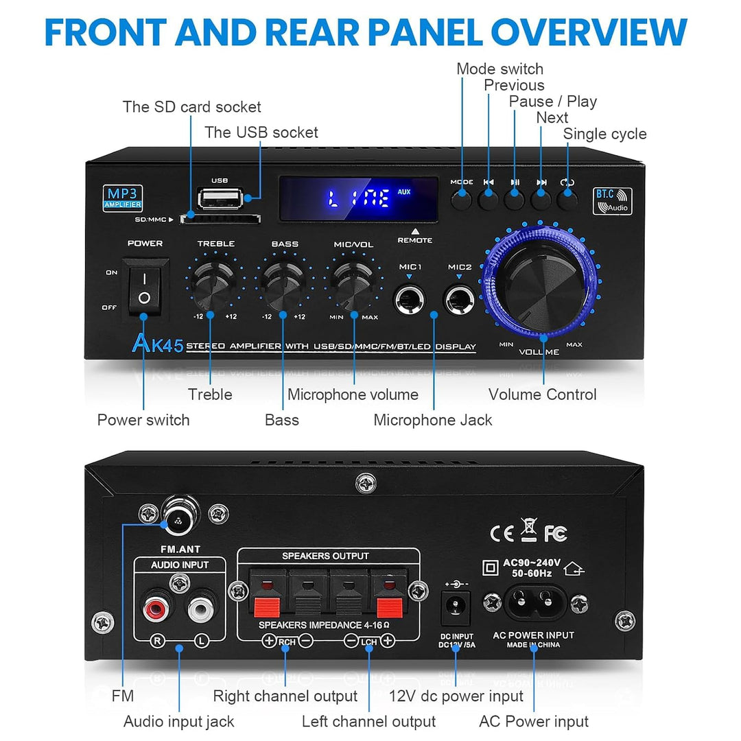 Stereo-Verstärker Bluetooth 5.0 HiFi 40W+40W mit FM-Radio Karaoke - Bild 7