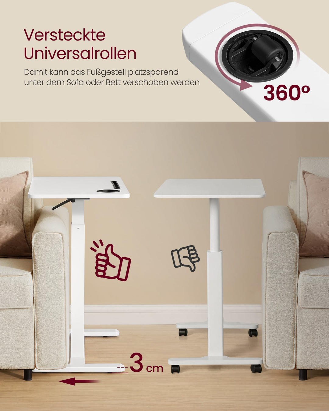 Beistelltisch höhenverstellbar mit Rollen 65-102 cm, 70x40 cm - Bild 4