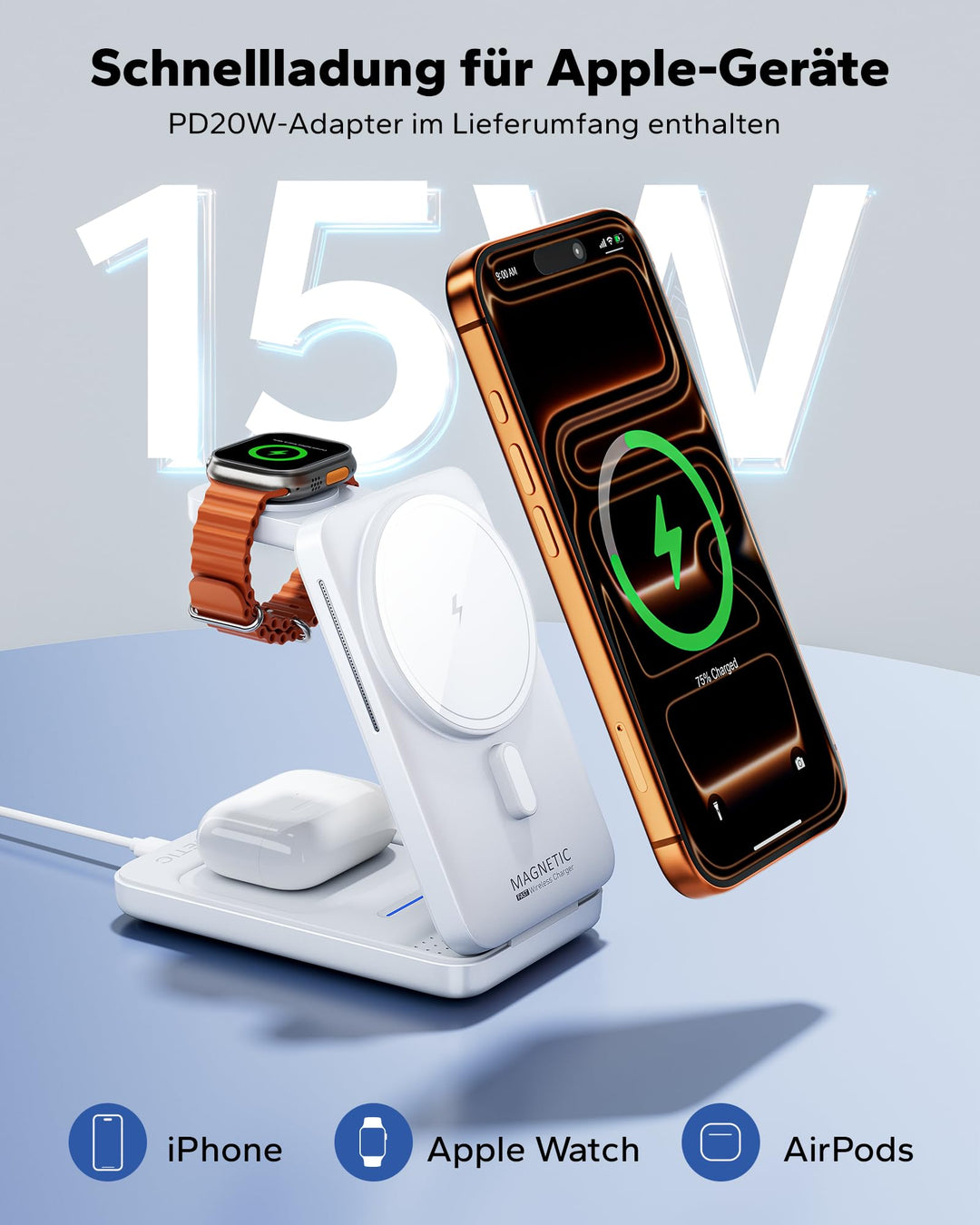 3-in-1 Ladestation iPhone Apple Watch AirPods faltbar 20W - Bild 4