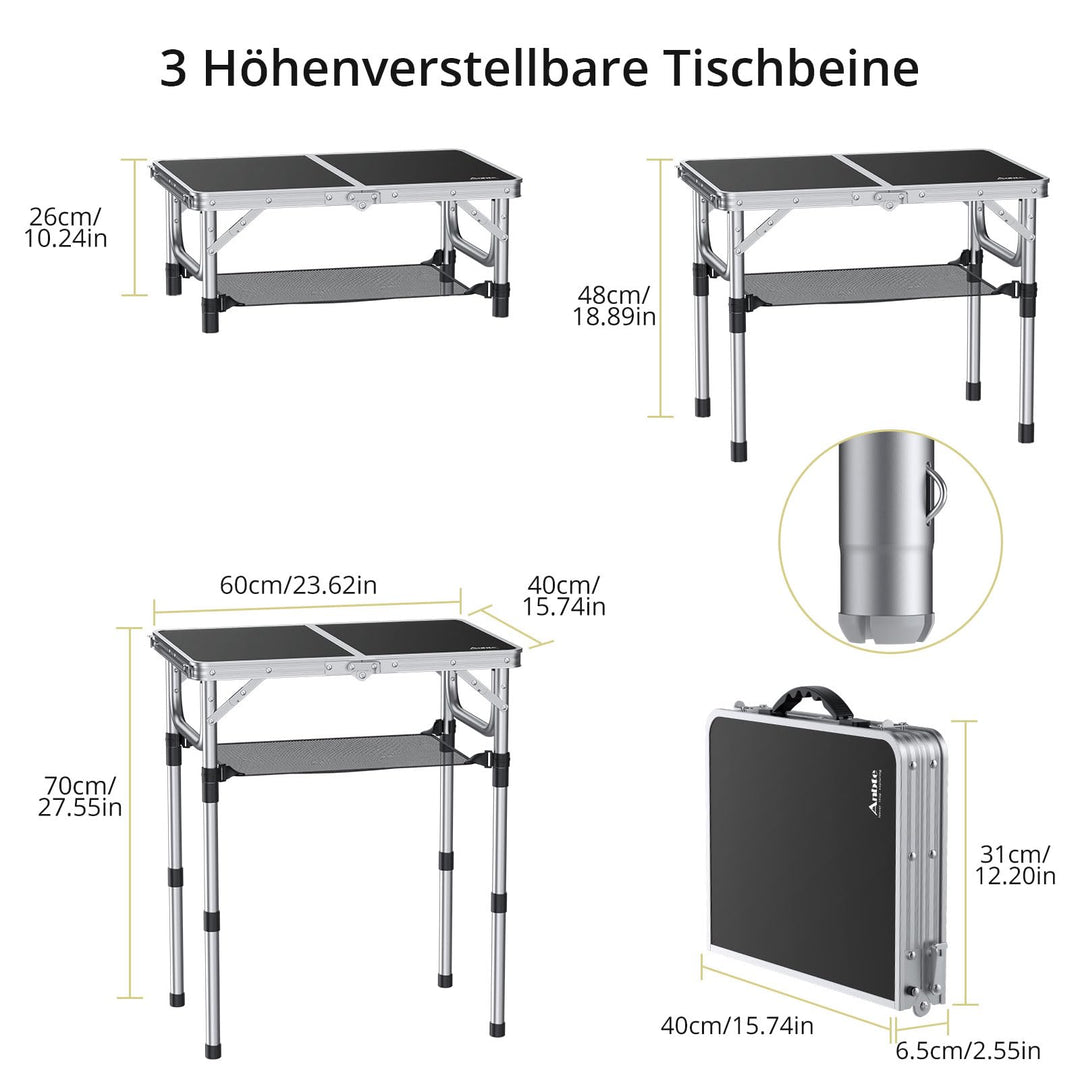 Campingtisch klappbar Aluminium 60x40cm 3 Höhenstufen schwarz - Bild 4