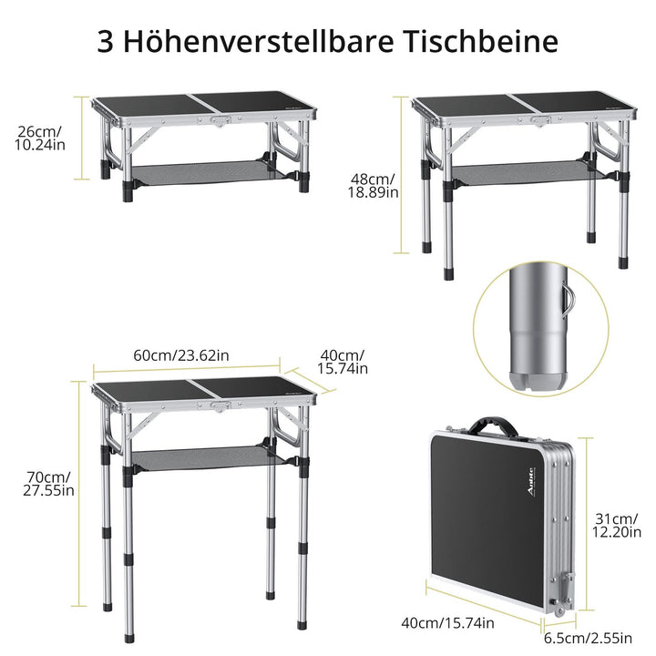 Campingtisch klappbar Aluminium 60x40cm 3 Höhenstufen schwarz - Bild 4