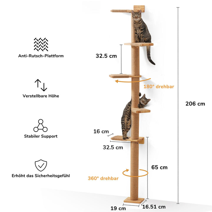 Katzenbaum Deckenhoch 206 cm Gummibaumholz Wandmontage 5 Etagen - Bild 3