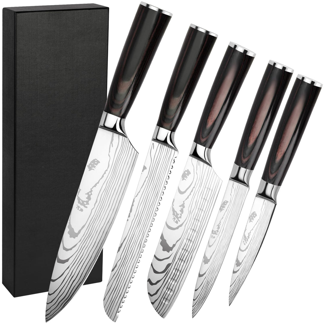 Küchenmesser Set 5-teilig Edelstahl mit Pakkaholzgriff in Geschenkbox