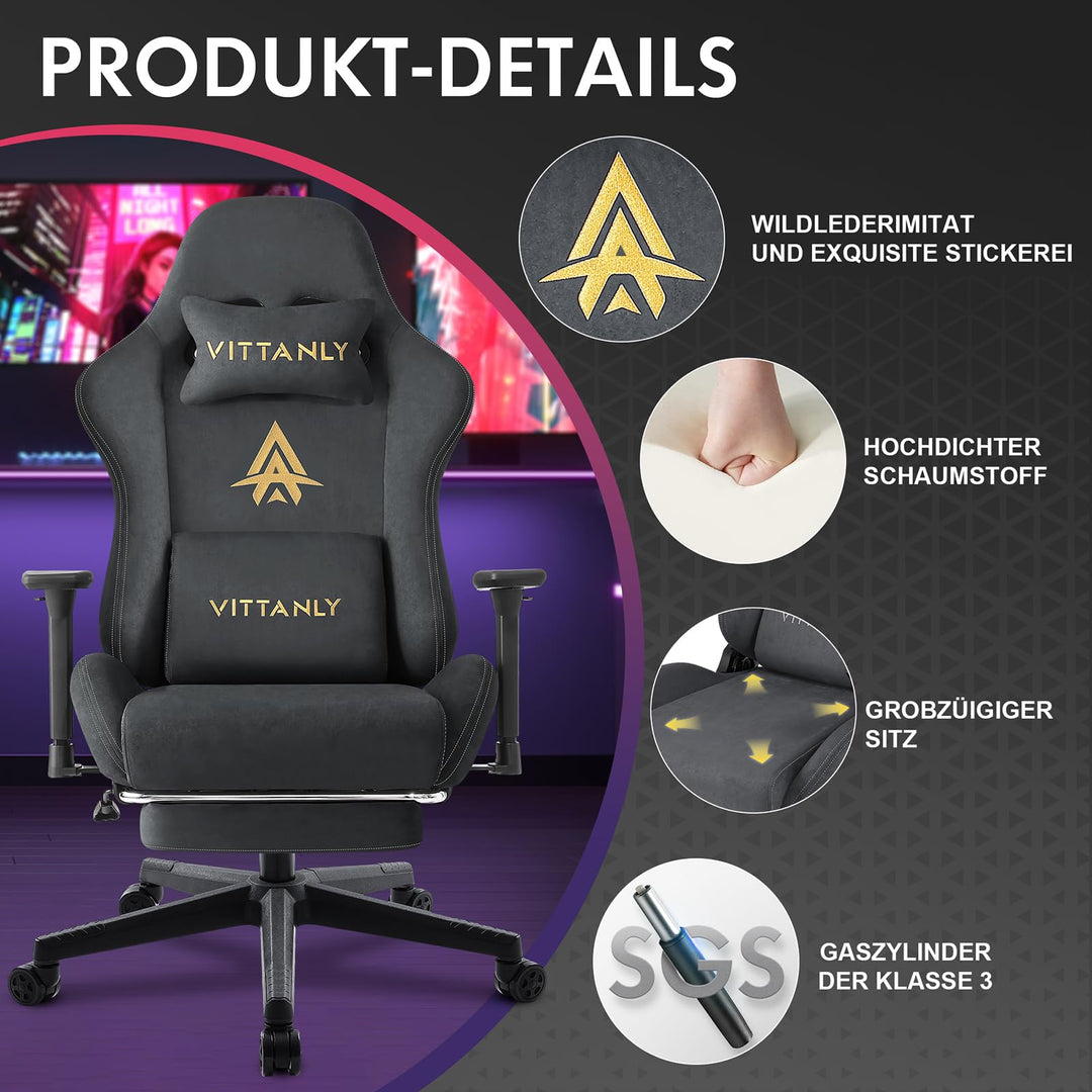 Gaming Stuhl Wildlederimitat ergonomisch mit Fussstuetze, Grau - Bild 3