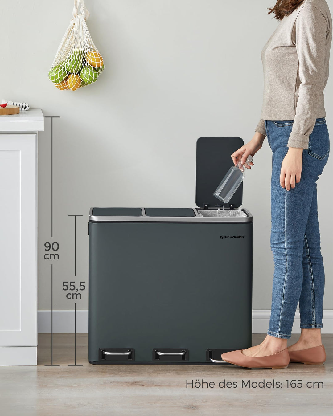 Mülleimer Küche 3 Fächer je 18L Stahl Softclose-Deckel grüngrau - Bild 9