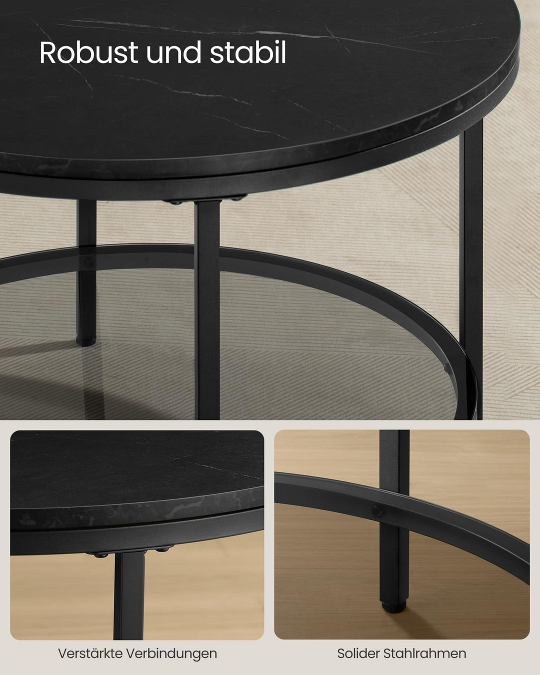 Couchtisch Glas Metall 65x65x46 cm mit Ablagefläche schwarz - Bild 5