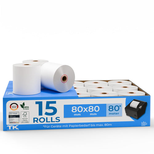 Thermorollen 80x80x12 mm Thermopapier 80m Länge 15er-Set