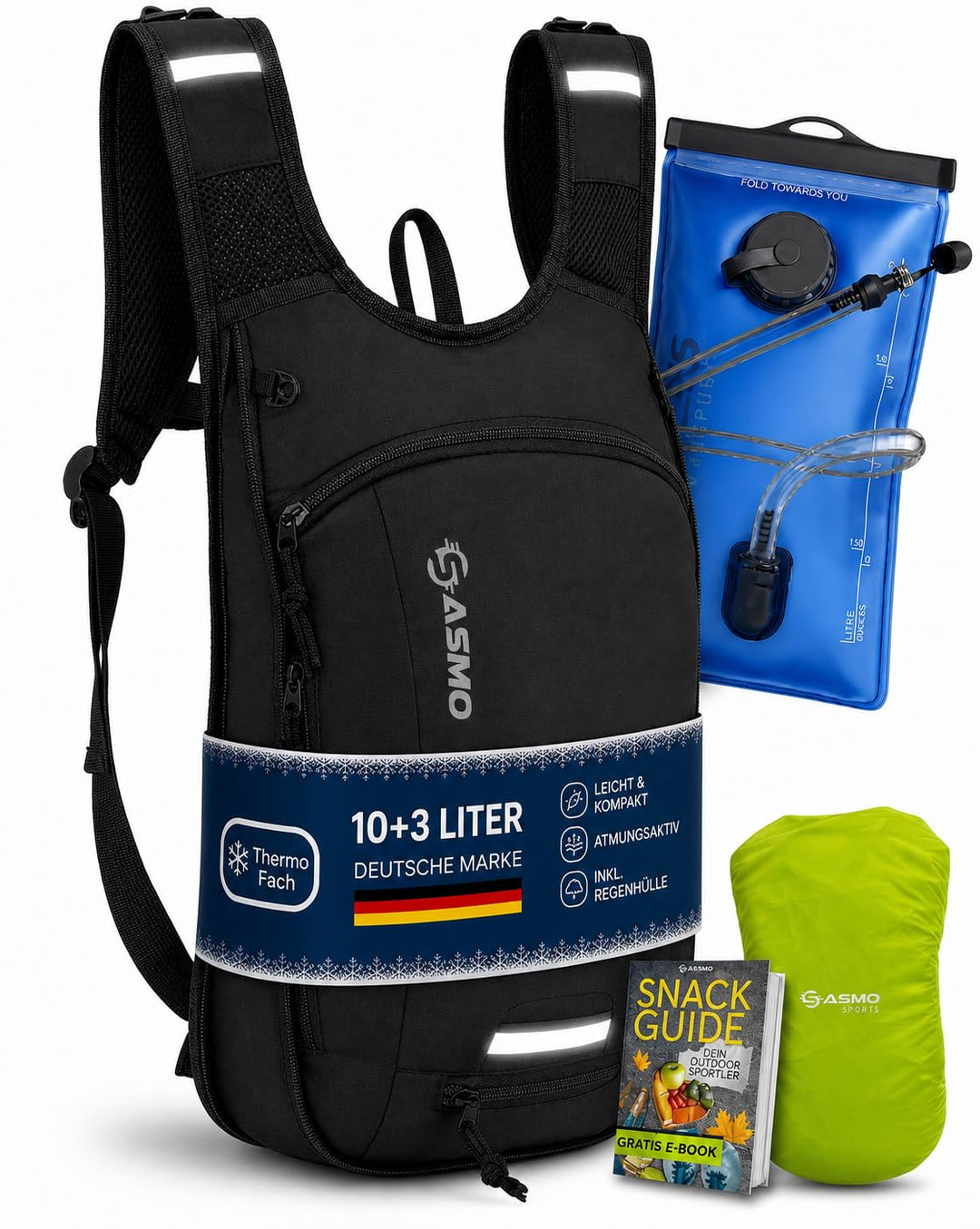 Fahrradrucksack 10+3L mit Trinkblase, Thermofach &amp; Helmnetz