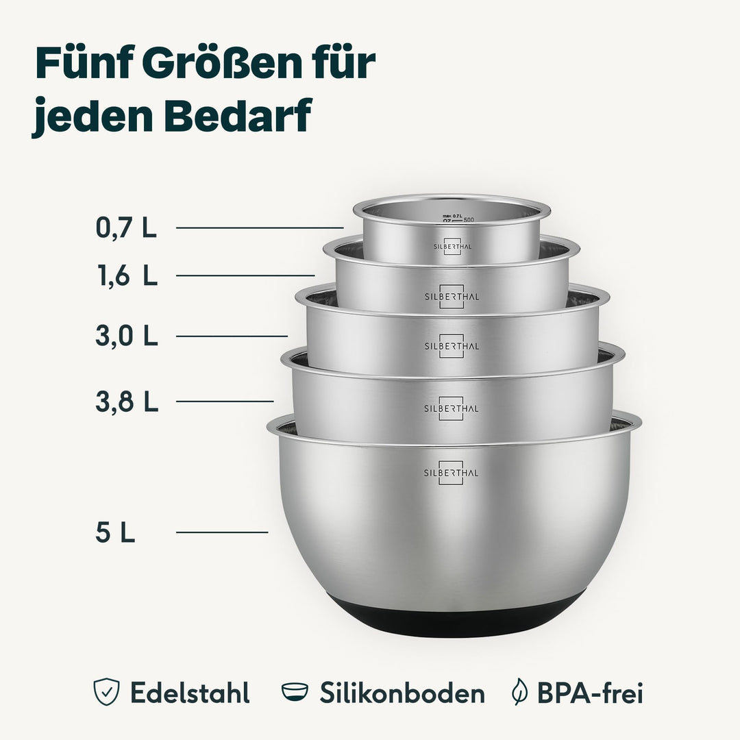 Edelstahl Schüssel-Set 5-teilig mit Deckel, Messskala &amp; Silikonboden - Bild 7