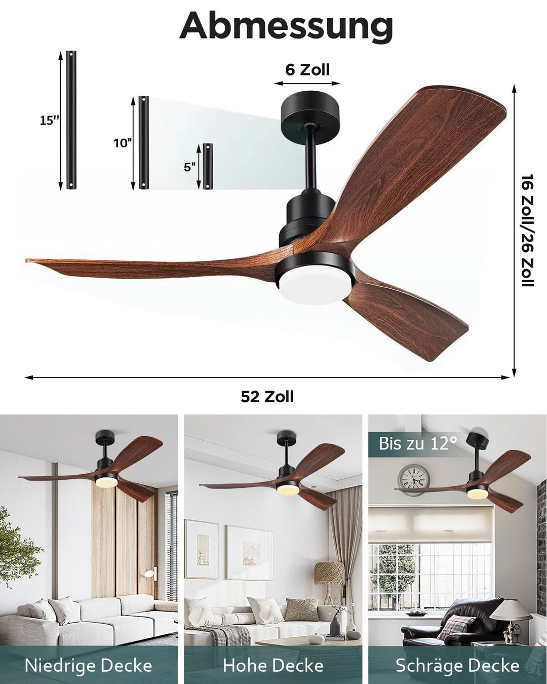 Deckenventilator mit Licht Holzflügel 132cm 6 Stufen Fernbedienung - Bild 2