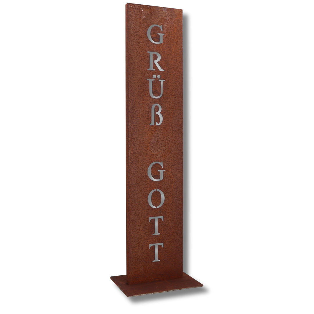 Cortenstahl Stele Grüss Gott 71 cm mit Bodenplatte Haustür Deko