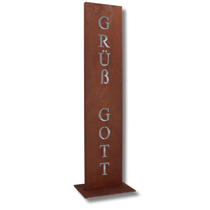 Cortenstahl Stele Grüss Gott 71 cm mit Bodenplatte Haustür Deko