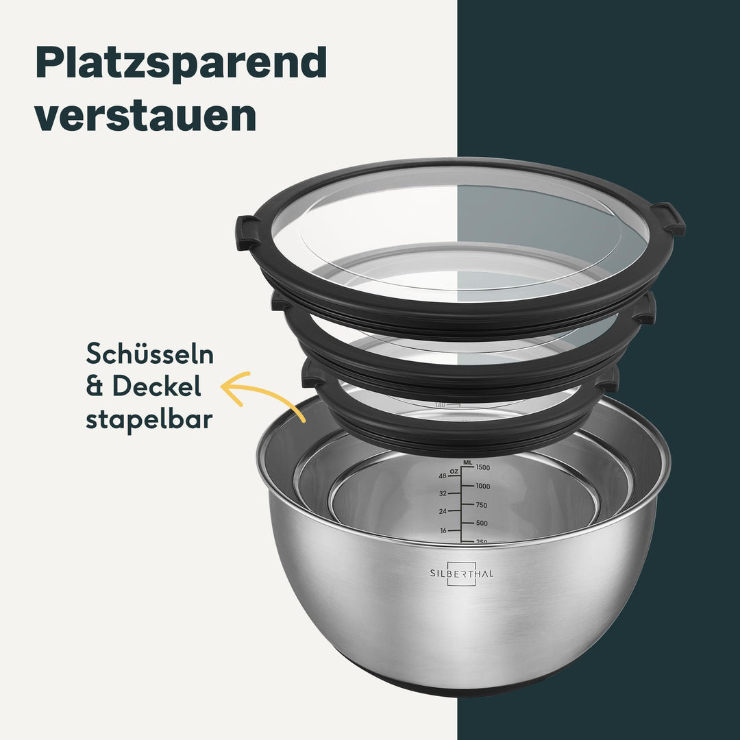 Edelstahl Schüssel-Set 5-teilig mit Deckel, Messskala &amp; Silikonboden - Bild 8