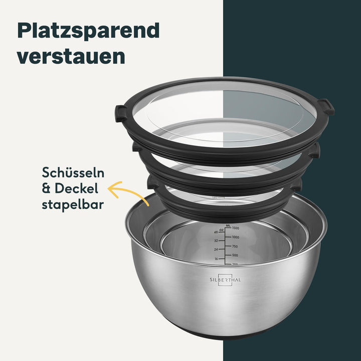 Edelstahl Schüssel-Set 5-teilig mit Deckel, Messskala &amp; Silikonboden - Bild 8