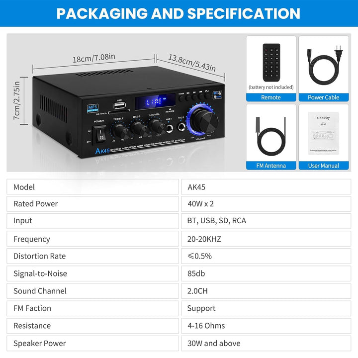 Stereo-Verstärker Bluetooth 5.0 HiFi 40W+40W mit FM-Radio Karaoke - Bild 8
