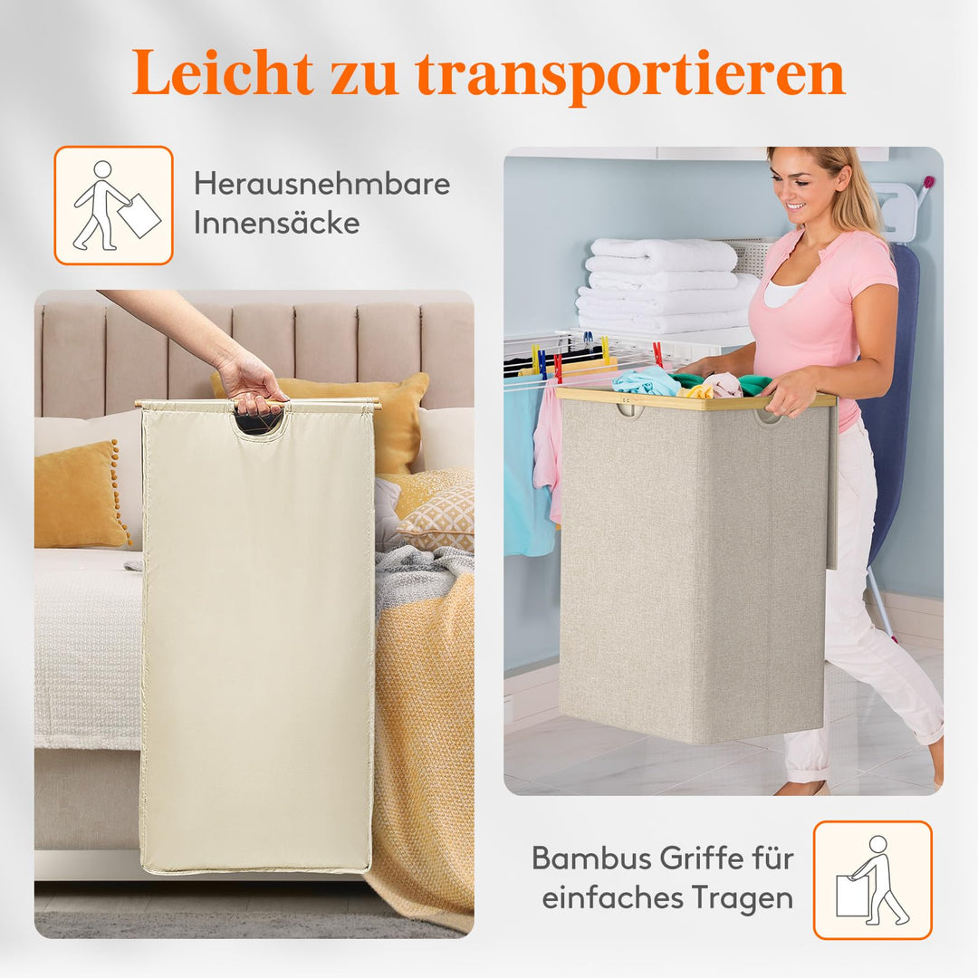 Wäschekorb Bambus 160L mit 2 Fächern und Deckel, Beige - Bild 5