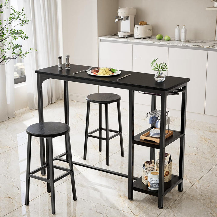 Bartisch-Set mit 2 Barhockern, Ablage und Glashalter, Schwarz - Bild 2