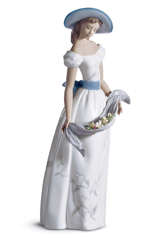 Porzellanfigur Frau mit Pamela Hochglanz weiss-blau 41 cm