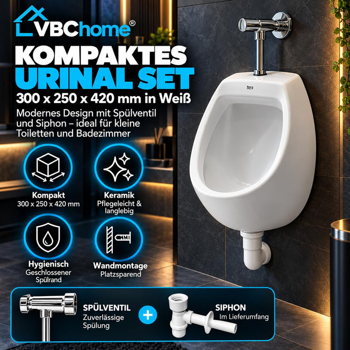 Wand-Urinal Keramik Mini mit Druckspüler und Siphon Weiß - Bild 2