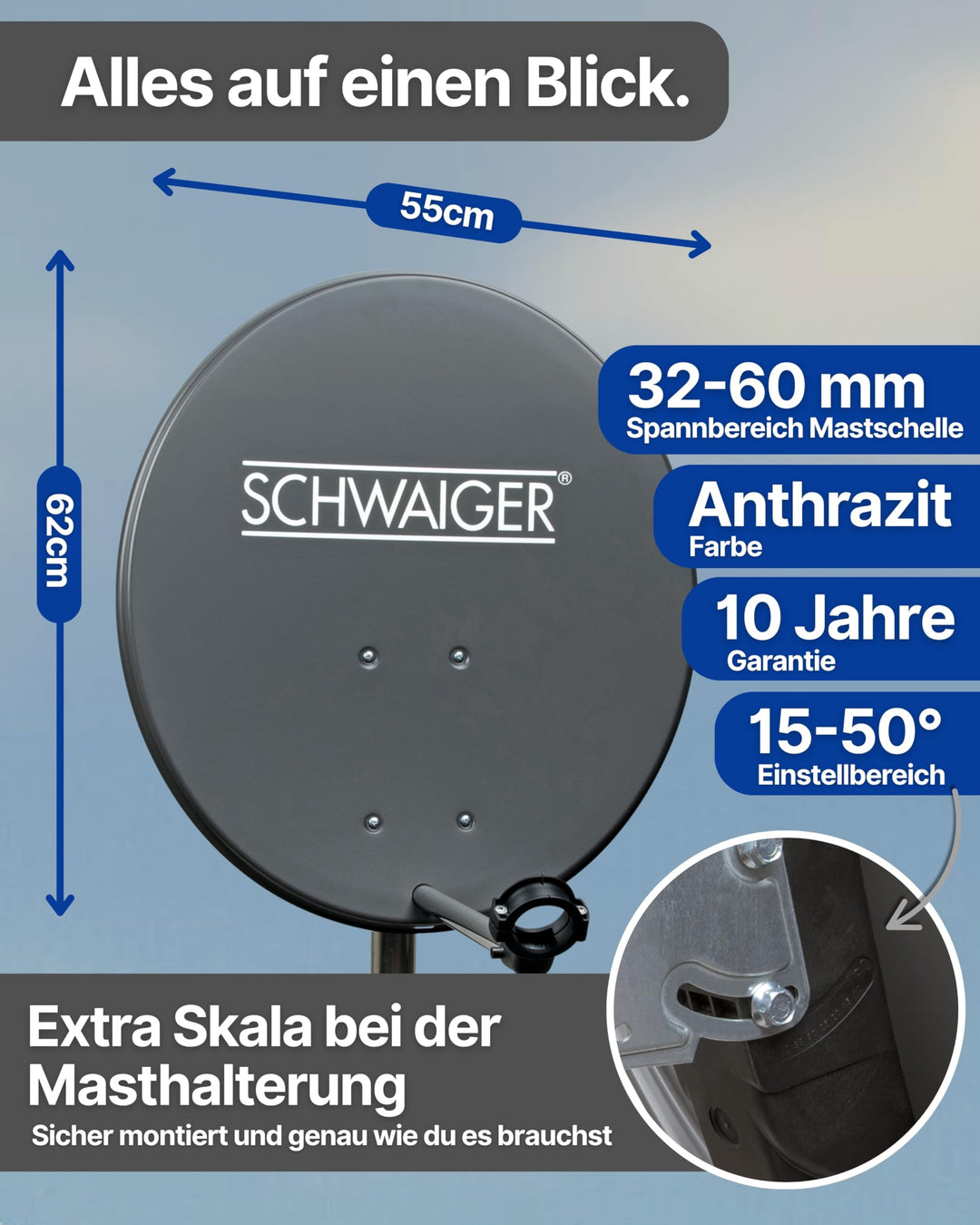 Satellitenschüssel Komplettset Stahl Ø 60 cm anthrazit für 2 Receiver - Bild 6