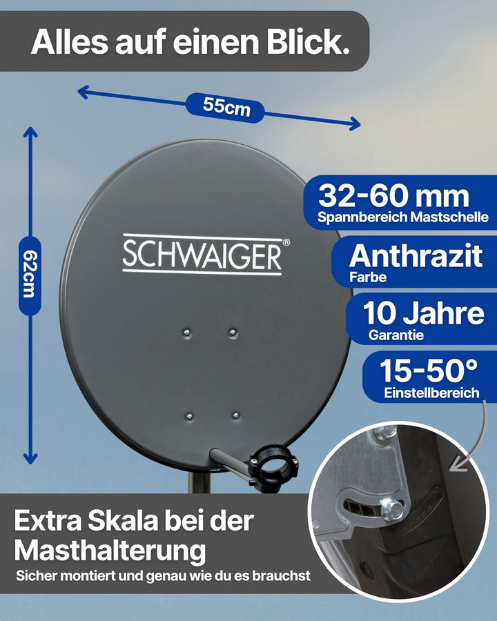 Satellitenschüssel Komplettset Stahl Ø 60 cm anthrazit für 2 Receiver - Bild 6