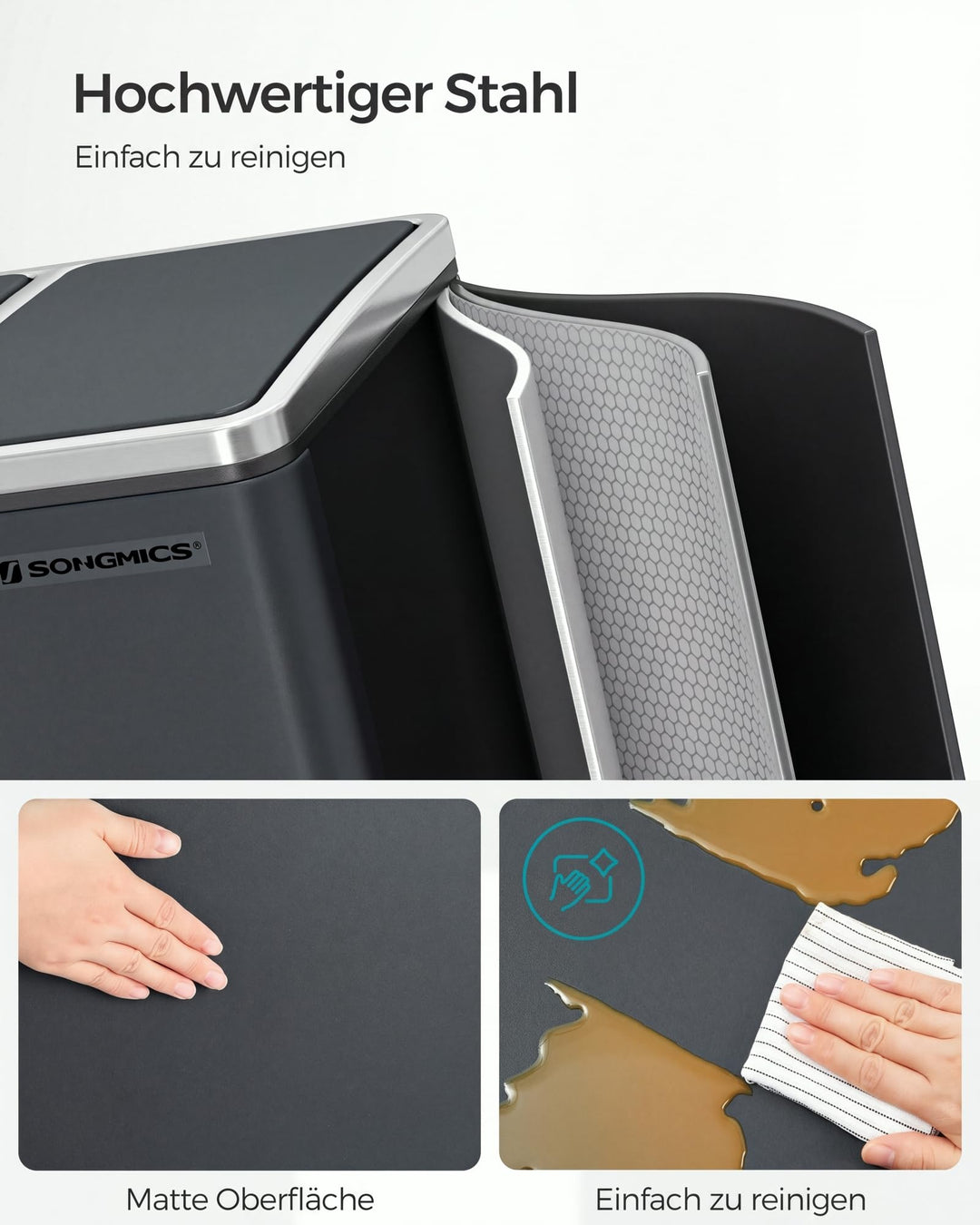 Mülleimer Küche 3 Fächer je 18L Stahl Softclose-Deckel grüngrau - Bild 5