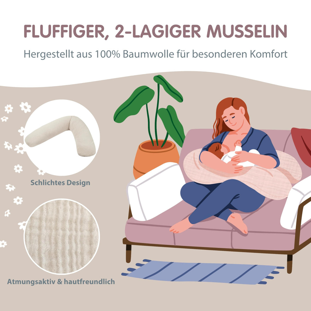 Stillkissen &amp; Schwangerschaftskissen 180cm Musselin Baumwolle Sandbeige - Bild 7