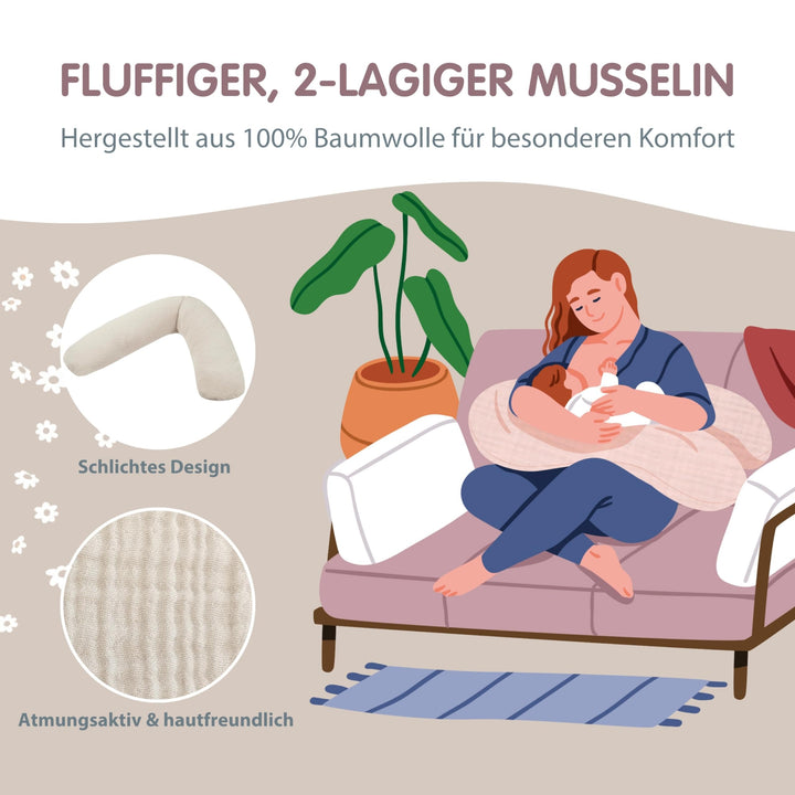 Stillkissen &amp; Schwangerschaftskissen 180cm Musselin Baumwolle Sandbeige - Bild 7